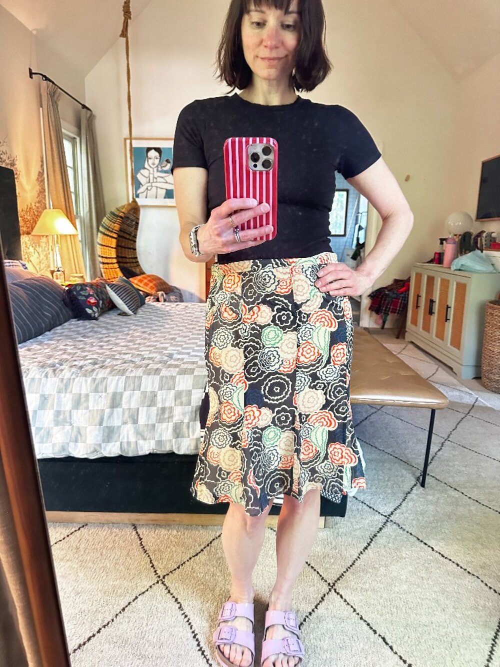 Marc Jacobs Black Floral A-Line Skirt with Peach, Mint & Cream Blooms